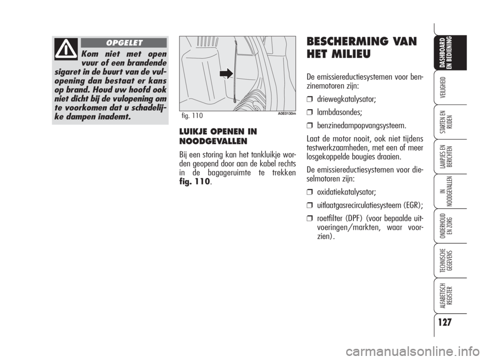 Alfa Romeo 159 2010  Instructieboek (in Dutch) LUIKJE OPENEN IN
NOODGEVALLEN
Bij een storing kan het tankluikje wor-
den geopend door aan de kabel rechts
in de bagageruimte te trekken 
fig. 110.
BESCHERMING VAN
HET MILIEU
De emissiereductiesysteme