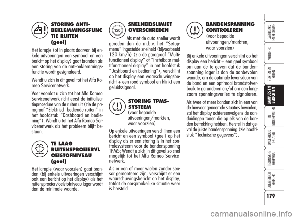 Alfa Romeo 159 2011  Instructieboek (in Dutch) 179
VEILIGHEID
LAMPJES EN
BERICHTEN
IN
NOODGEVALLEN
ONDERHOUD
EN ZORG
TECHNISCHE
GEGEVENS
ALFABETISCH 
REGISTER
DASHBOARD
EN BEDIENING
STARTEN EN 
RIJDEN
STORING ANTI-
BEKLEMMINGSFUNC
TIE RUITEN 
(gee