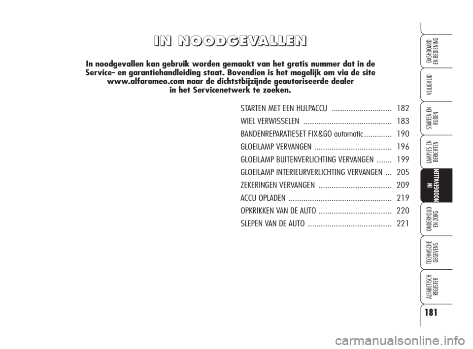 Alfa Romeo 159 2010 Instructieboek (in Dutch) I I
N N
N N
O O
O O
D D
G G
E E
V V
A A
L L
L L
E E
N N
In noodgevallen kan gebruik worden gemaakt van het gratis nummer dat in de
Service- en garantiehandleiding staat. Bovendien is het mogelijk om Alfa Romeo 159 2010 Instructieboek (in Dutch) I I
N N
N N
O O
O O
D D
G G
E E
V V
A A
L L
L L
E E
N N
In noodgevallen kan gebruik worden gemaakt van het gratis nummer dat in de
Service- en garantiehandleiding staat. Bovendien is het mogelijk om