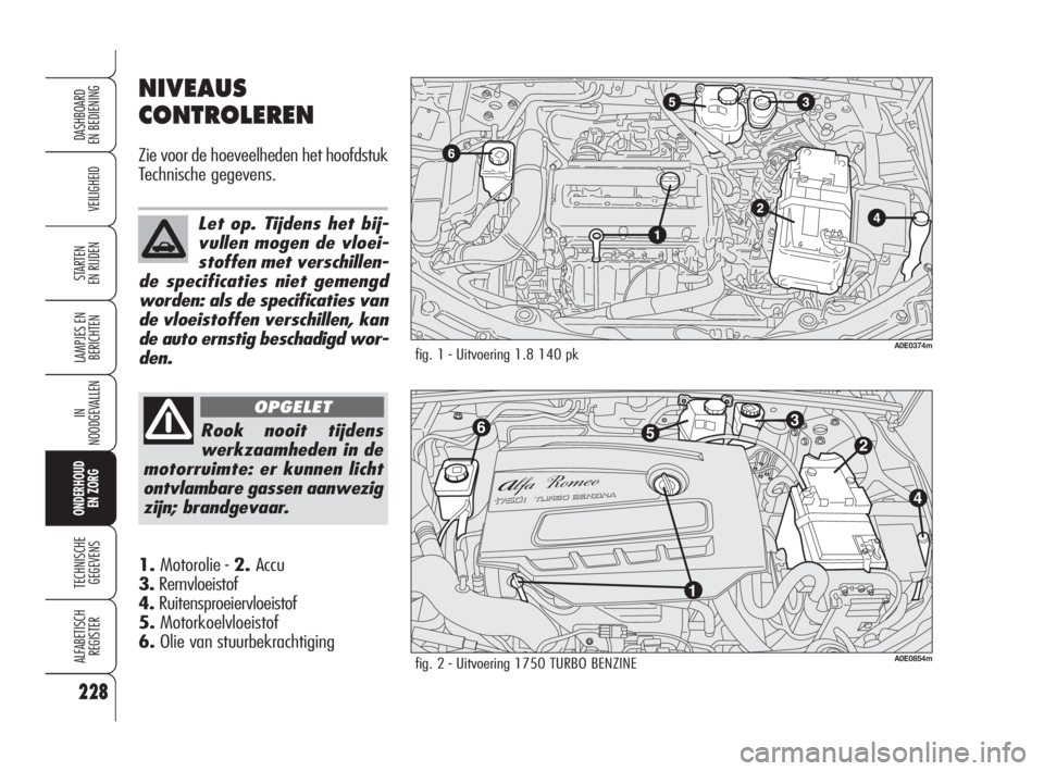 Alfa Romeo 159 2010 Instructieboek (in Dutch) 228
VEILIGHEID
LAMPJES EN
BERICHTEN
IN
NOODGEVALLEN
ONDERHOUD
EN ZORG
TECHNISCHE
GEGEVENS
ALFABETISCH
REGISTER
DASHBOARD
EN BEDIENING
STARTEN
EN RIJDEN
NIVEAUS
CONTROLEREN
Zie voor de hoeveelheden Alfa Romeo 159 2010 Instructieboek (in Dutch) 228
VEILIGHEID
LAMPJES EN
BERICHTEN
IN
NOODGEVALLEN
ONDERHOUD
EN ZORG
TECHNISCHE
GEGEVENS
ALFABETISCH
REGISTER
DASHBOARD
EN BEDIENING
STARTEN
EN RIJDEN
NIVEAUS
CONTROLEREN
Zie voor de hoeveelheden