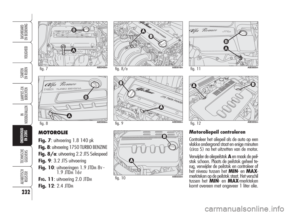 Alfa Romeo 159 2010 Instructieboek (in Dutch) 232
VEILIGHEID
LAMPJES EN
BERICHTEN
IN
NOODGEVALLEN
ONDERHOUD
EN ZORG
TECHNISCHE
GEGEVENS
ALFABETISCH
REGISTER
DASHBOARD
EN BEDIENING
STARTEN
EN RIJDEN
MOTOROLIE
Fig. 7: uitvoering 1.8 140 pk
Fig. Alfa Romeo 159 2010 Instructieboek (in Dutch) 232
VEILIGHEID
LAMPJES EN
BERICHTEN
IN
NOODGEVALLEN
ONDERHOUD
EN ZORG
TECHNISCHE
GEGEVENS
ALFABETISCH
REGISTER
DASHBOARD
EN BEDIENING
STARTEN
EN RIJDEN
MOTOROLIE
Fig. 7: uitvoering 1.8 140 pk
Fig.