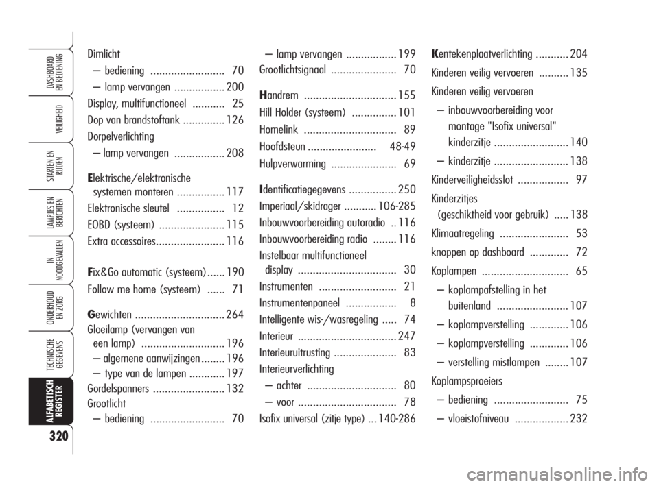 Alfa Romeo 159 2010  Instructieboek (in Dutch) 320
VEILIGHEID
LAMPJES EN 
BERICHTEN
IN
NOODGEVALLEN
ONDERHOUD
EN ZORG
TECHNISCHE
GEGEVENS
ALFABETISCH
REGISTER
DASHBOARD
EN BEDIENING
STARTEN EN 
RIJDEN
– lamp vervangen  ................. 199
Groo