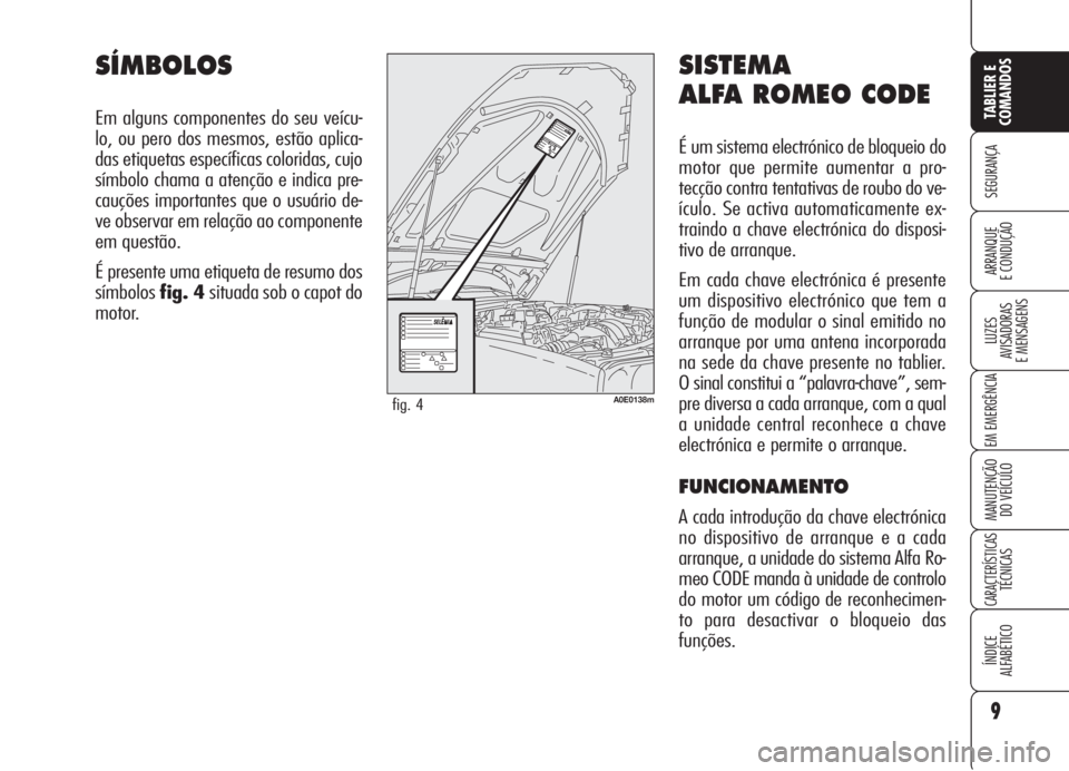 Alfa Romeo 159 2005  Manual de Uso e Manutenção (in Portuguese) SISTEMA
ALFA ROMEO CODE
É um sistema electrónico de bloqueio do
motor que permite aumentar a pro-
tecção contra tentativas de roubo do ve-
ículo. Se activa automaticamente ex-
traindo a chave ele