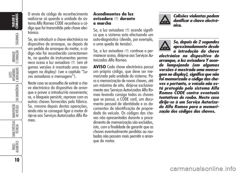 Alfa Romeo 159 2005  Manual de Uso e Manutenção (in Portuguese) Acendimentos da luz
avisadora
Ydurante
a marcha
Se, a luz avisadora 
Yacende signifi-
ca que o sistema esta efectuando um
auto-diagnóstico (devido, por exemplo,
a uma queda de tensão). 
Se, a luz av