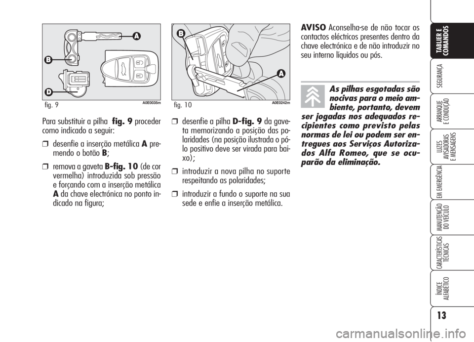 Alfa Romeo 159 2005  Manual de Uso e Manutenção (in Portuguese) Para substituir a pilhafig. 9proceder
como indicado a seguir:
❒desenfie a inserção metálica Apre-
mendo o botão B;
❒remova a gaveta B-fig. 10(de cor
vermelha) introduzida sob pressão
e força