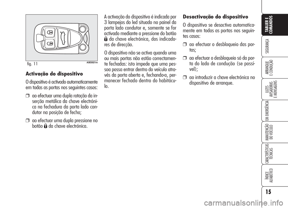 Alfa Romeo 159 2005  Manual de Uso e Manutenção (in Portuguese) 15
SEGURANÇA
LUZES
AVISADORAS 
E MENSAGENS 
EM EMERGÊNCIA 
MANUTENÇÃO
DO VEÍCULO 
CARACTERÍSTICASTÉCNICAS
ÍNDICE
ALFABÉTICO
TABLIER E 
COMANDOS
ARRANQUE
E CONDUÇÃO 
Desactivação do dispos