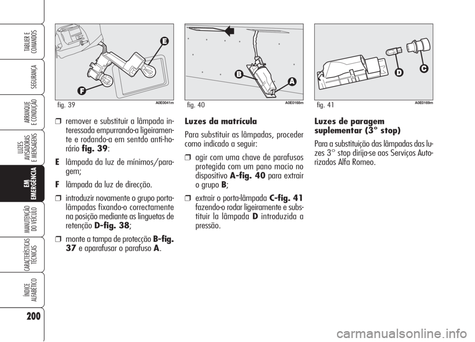 Alfa Romeo 159 2005 Manual de Uso e Manutenção (in Portuguese) Luzes de paragem
suplementar (3° stop)
Para a substituição das lâmpadas das lu-
zes 3° stop dirija-se aos Serviços Auto-
rizados Alfa Romeo. ❒remover e substituir a lâmpada in-
teressada empu Alfa Romeo 159 2005 Manual de Uso e Manutenção (in Portuguese) Luzes de paragem
suplementar (3° stop)
Para a substituição das lâmpadas das lu-
zes 3° stop dirija-se aos Serviços Auto-
rizados Alfa Romeo. ❒remover e substituir a lâmpada in-
teressada empu