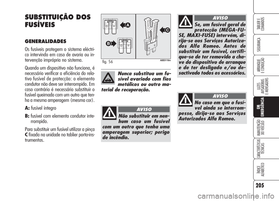 Alfa Romeo 159 2005 Manual de Uso e Manutenção (in Portuguese) 205
SEGURANÇA
LUZES
AVISADORAS
E MENSAGENS
EM
EMERGÊNCIA
MANUTENÇÃO
DO VEÍCULO
CARACTERÍSTICASTÉCNICAS
ÍNDICE
ALFABÉTICO
TABLIER E
COMANDOS
ARRANQUE
E CONDUÇÃO
SUBSTITUIÇÃO DOS
FUSÍ Alfa Romeo 159 2005 Manual de Uso e Manutenção (in Portuguese) 205
SEGURANÇA
LUZES
AVISADORAS
E MENSAGENS
EM
EMERGÊNCIA
MANUTENÇÃO
DO VEÍCULO
CARACTERÍSTICASTÉCNICAS
ÍNDICE
ALFABÉTICO
TABLIER E
COMANDOS
ARRANQUE
E CONDUÇÃO
SUBSTITUIÇÃO DOS
FUSÍ
