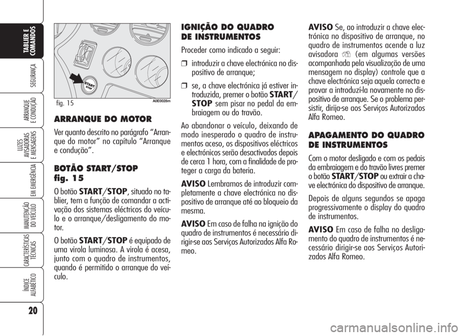 Alfa Romeo 159 2005  Manual de Uso e Manutenção (in Portuguese) AVISOSe, ao introduzir a chave elec-
trónica no dispositivo de arranque, no
quadro de instrumentos acende a luz
avisadora
Y(em algumas versões
acompanhada pela visualização de uma
mensagem no disp