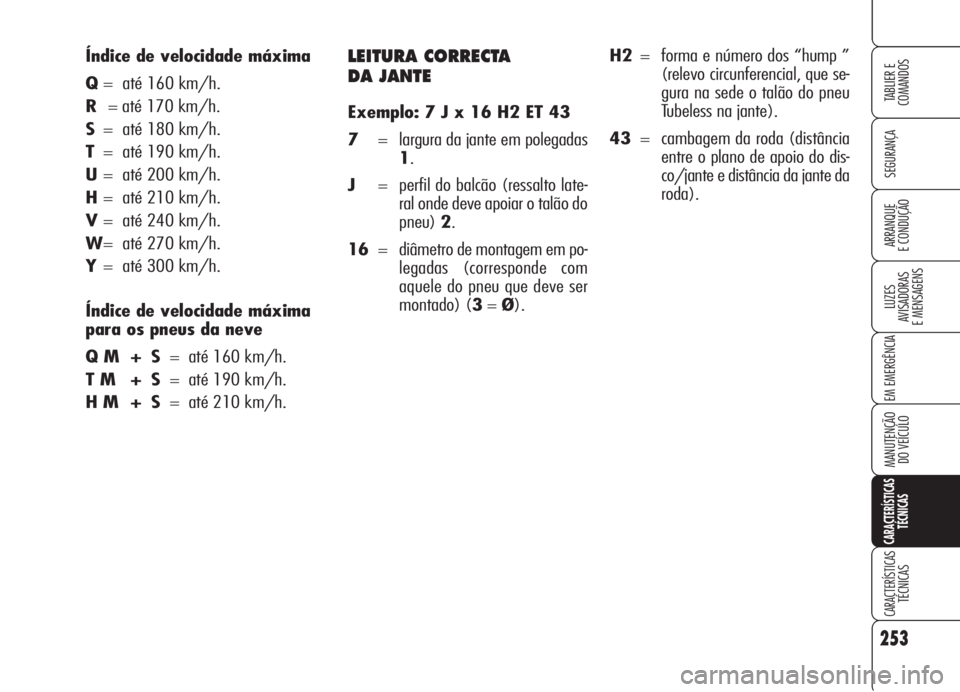 Alfa Romeo 159 2005 Manual de Uso e Manutenção (in Portuguese) LEITURA CORRECTA
DA JANTE
Exemplo: 7 J x 16 H2 ET 43
7= largura da jante em polegadas
1.
J= perfil do balcão (ressalto late-
ral onde deve apoiar o talão do
pneu)2.
16= diâmetro de montagem em po Alfa Romeo 159 2005 Manual de Uso e Manutenção (in Portuguese) LEITURA CORRECTA
DA JANTE
Exemplo: 7 J x 16 H2 ET 43
7= largura da jante em polegadas
1.
J= perfil do balcão (ressalto late-
ral onde deve apoiar o talão do
pneu)2.
16= diâmetro de montagem em po