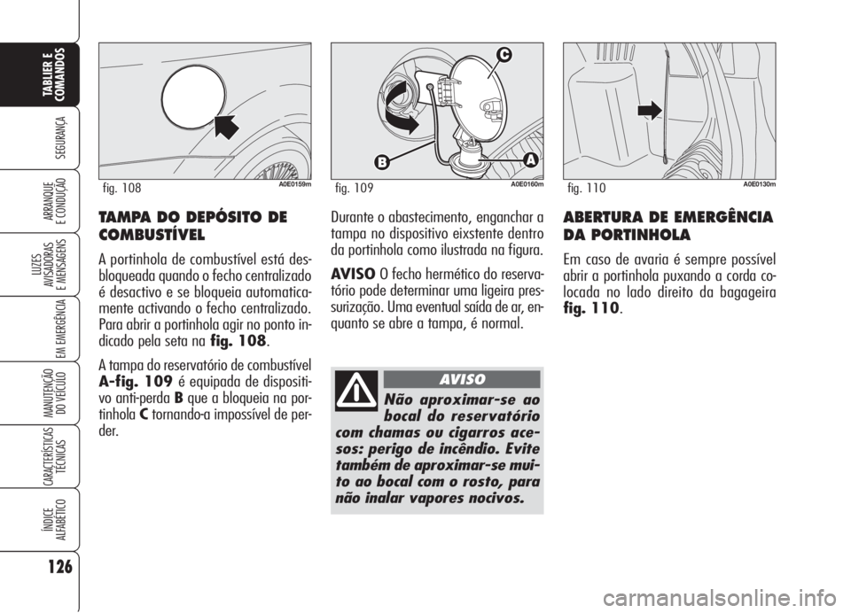 Alfa Romeo 159 2006 Manual de Uso e Manutenção (in Portuguese) ABERTURA DE EMERGÊNCIA
DA PORTINHOLA
Em caso de avaria é sempre possível
abrir a portinhola puxando a corda co-
locada no lado direito da bagageira
fig. 110.
126
SEGURANÇA
LUZES
AVISADORAS
E MEN Alfa Romeo 159 2006 Manual de Uso e Manutenção (in Portuguese) ABERTURA DE EMERGÊNCIA
DA PORTINHOLA
Em caso de avaria é sempre possível
abrir a portinhola puxando a corda co-
locada no lado direito da bagageira
fig. 110.
126
SEGURANÇA
LUZES
AVISADORAS
E MEN