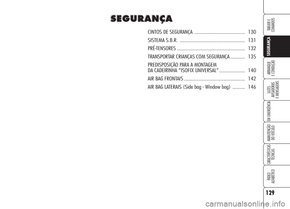 Alfa Romeo 159 2006  Manual de Uso e Manutenção (in Portuguese) 129
SEGURANÇA
LUZES
AVISADORAS 
E MENSAGENS 
EM EMERGÊNCIA 
MANUTENÇÃO
DO VEÍCULO 
CARACTERÍSTICASTÉCNICAS
ÍNDICE
ALFABÉTICO
TABLIER E 
COMANDOS
ARRANQUE
E CONDUÇÃO 
S S
E E
G G
U U
R R
A A