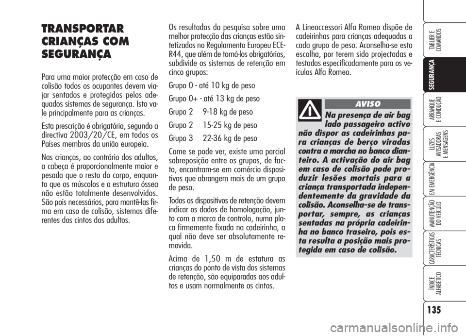 Alfa Romeo 159 2006 Manual de Uso e Manutenção (in Portuguese) 135
SEGURANÇA
LUZES
AVISADORAS
E MENSAGENS
EM EMERGÊNCIA
MANUTENÇÃO
DO VEÍCULO
CARACTERÍSTICASTÉCNICAS
ÍNDICE
ALFABÉTICO
TABLIER E
COMANDOS
ARRANQUE
E CONDUÇÃO
Os resultados da pesqui Alfa Romeo 159 2006 Manual de Uso e Manutenção (in Portuguese) 135
SEGURANÇA
LUZES
AVISADORAS
E MENSAGENS
EM EMERGÊNCIA
MANUTENÇÃO
DO VEÍCULO
CARACTERÍSTICASTÉCNICAS
ÍNDICE
ALFABÉTICO
TABLIER E
COMANDOS
ARRANQUE
E CONDUÇÃO
Os resultados da pesqui