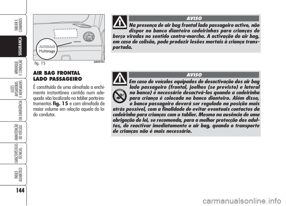 Alfa Romeo 159 2006 Manual de Uso e Manutenção (in Portuguese) 144
SEGURANÇA
LUZES
AVISADORAS
E MENSAGENS
EM EMERGÊNCIA
MANUTENÇÃO
DO VEÍCULO
CARACTERÍSTICASTÉCNICAS
ÍNDICE
ALFABÉTICO
TABLIER E
COMANDOS
ARRANQUE
E CONDUÇÃO
Em caso de veículos eq Alfa Romeo 159 2006 Manual de Uso e Manutenção (in Portuguese) 144
SEGURANÇA
LUZES
AVISADORAS
E MENSAGENS
EM EMERGÊNCIA
MANUTENÇÃO
DO VEÍCULO
CARACTERÍSTICASTÉCNICAS
ÍNDICE
ALFABÉTICO
TABLIER E
COMANDOS
ARRANQUE
E CONDUÇÃO
Em caso de veículos eq