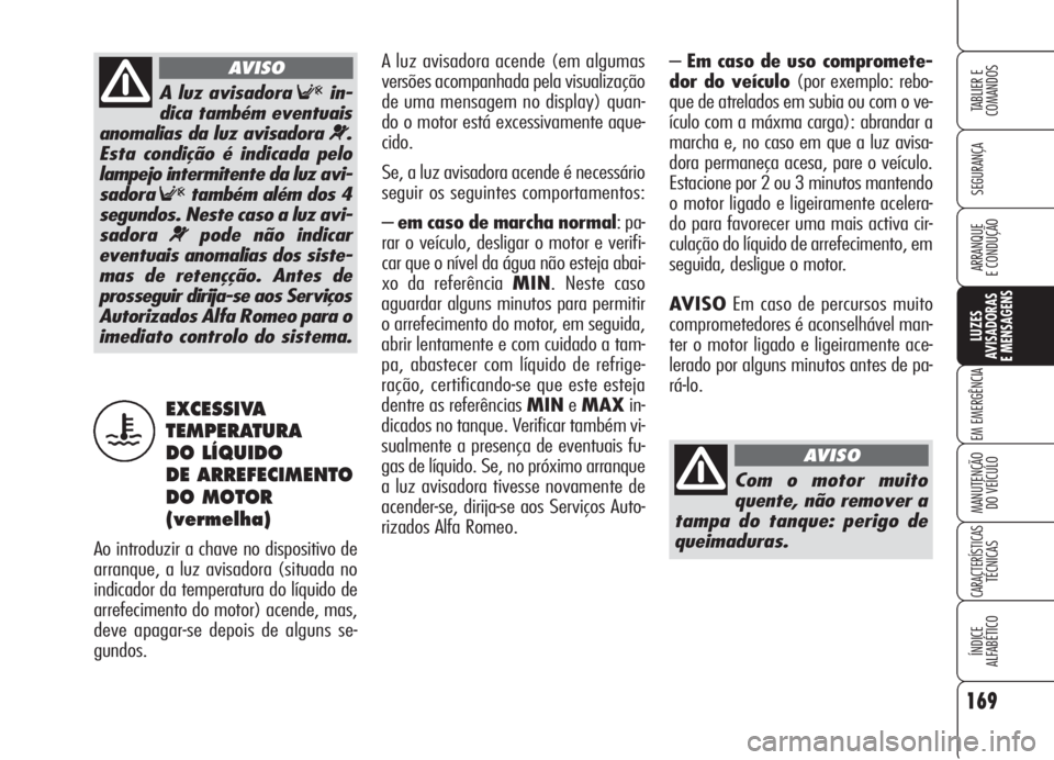 Alfa Romeo 159 2006 Manual de Uso e Manutenção (in Portuguese) 169
SEGURANÇA
LUZES
AVISADORAS
E MENSAGENS
EM EMERGÊNCIA
MANUTENÇÃO
DO VEÍCULO
CARACTERÍSTICASTÉCNICAS
ÍNDICE
ALFABÉTICO
TABLIER E
COMANDOS
ARRANQUE
E CONDUÇÃO
–Em caso de uso compr Alfa Romeo 159 2006 Manual de Uso e Manutenção (in Portuguese) 169
SEGURANÇA
LUZES
AVISADORAS
E MENSAGENS
EM EMERGÊNCIA
MANUTENÇÃO
DO VEÍCULO
CARACTERÍSTICASTÉCNICAS
ÍNDICE
ALFABÉTICO
TABLIER E
COMANDOS
ARRANQUE
E CONDUÇÃO
–Em caso de uso compr