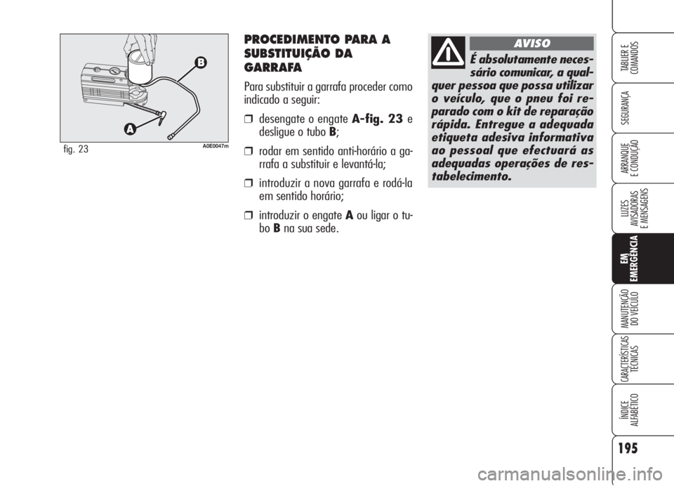 Alfa Romeo 159 2006 Manual de Uso e Manutenção (in Portuguese) PROCEDIMENTO PARA A
SUBSTITUIÇÃO DA
GARRAFA
Para substituir a garrafa proceder como
indicado a seguir:
❒desengate o engate A-fig. 23 e
desligue o tubo B;
❒rodar em sentido anti-horário a ga-
rr Alfa Romeo 159 2006 Manual de Uso e Manutenção (in Portuguese) PROCEDIMENTO PARA A
SUBSTITUIÇÃO DA
GARRAFA
Para substituir a garrafa proceder como
indicado a seguir:
❒desengate o engate A-fig. 23 e
desligue o tubo B;
❒rodar em sentido anti-horário a ga-
rr