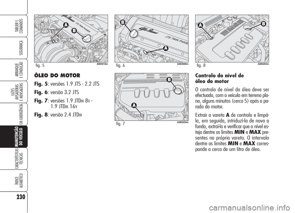 Alfa Romeo 159 2006 Manual de Uso e Manutenção (in Portuguese) 230
SEGURANÇA
LUZES
AVISADORAS
E MENSAGENS
EM EMERGÊNCIA
MANUTENÇÃO
DO VEÍCULO
CARACTERÍSTICASTÉCNICAS
ÍNDICE
ALFABÉTICO
TABLIER E
COMANDOS
ARRANQUE
E CONDUÇÃO ÓLEO DO MOTOR
Fig. 5: ve Alfa Romeo 159 2006 Manual de Uso e Manutenção (in Portuguese) 230
SEGURANÇA
LUZES
AVISADORAS
E MENSAGENS
EM EMERGÊNCIA
MANUTENÇÃO
DO VEÍCULO
CARACTERÍSTICASTÉCNICAS
ÍNDICE
ALFABÉTICO
TABLIER E
COMANDOS
ARRANQUE
E CONDUÇÃO ÓLEO DO MOTOR
Fig. 5: ve