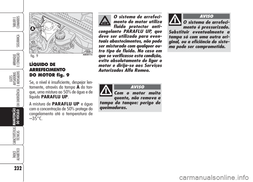 Alfa Romeo 159 2006 Manual de Uso e Manutenção (in Portuguese) 232
SEGURANÇA
LUZES
AVISADORAS
E MENSAGENS
EM EMERGÊNCIA
MANUTENÇÃO
DO VEÍCULO
CARACTERÍSTICASTÉCNICAS
ÍNDICE
ALFABÉTICO
TABLIER E
COMANDOS
ARRANQUE
E CONDUÇÃO LÍQUIDO DE
ARREFECIMENTO Alfa Romeo 159 2006 Manual de Uso e Manutenção (in Portuguese) 232
SEGURANÇA
LUZES
AVISADORAS
E MENSAGENS
EM EMERGÊNCIA
MANUTENÇÃO
DO VEÍCULO
CARACTERÍSTICASTÉCNICAS
ÍNDICE
ALFABÉTICO
TABLIER E
COMANDOS
ARRANQUE
E CONDUÇÃO LÍQUIDO DE
ARREFECIMENTO