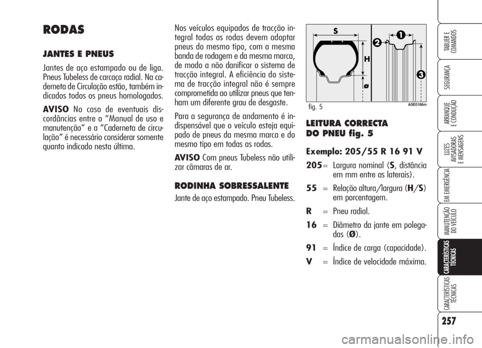 Alfa Romeo 159 2006 Manual de Uso e Manutenção (in Portuguese) 257
SEGURANÇA
LUZES
AVISADORAS
E MENSAGENS
EM EMERGÊNCIA
MANUTENÇÃO
DO VEÍCULO
CARACTERÍSTICAS
TÉCNICAS
CARACTERÍSTICASTÉCNICAS
TABLIER E
COMANDOS
ARRANQUE
E CONDUÇÃO LEITURA CORRECTA Alfa Romeo 159 2006 Manual de Uso e Manutenção (in Portuguese) 257
SEGURANÇA
LUZES
AVISADORAS
E MENSAGENS
EM EMERGÊNCIA
MANUTENÇÃO
DO VEÍCULO
CARACTERÍSTICAS
TÉCNICAS
CARACTERÍSTICASTÉCNICAS
TABLIER E
COMANDOS
ARRANQUE
E CONDUÇÃO LEITURA CORRECTA