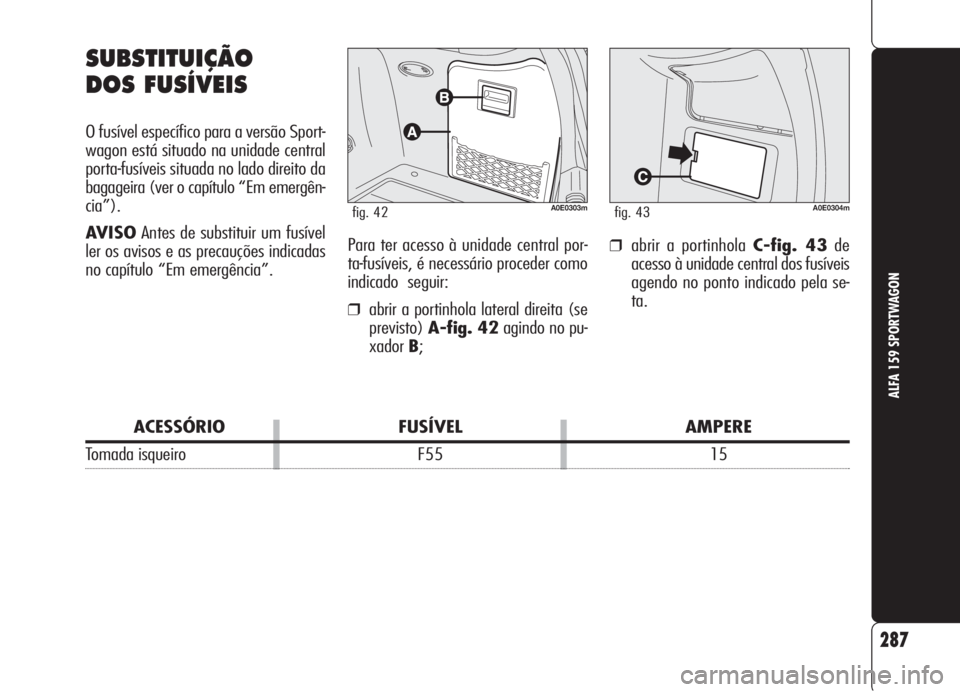Alfa Romeo 159 2006 Manual de Uso e Manutenção (in Portuguese) SUBSTITUIÇÃO
DOS FUSÍVEIS
O fusível específico para a versão Sport-
wagon está situado na unidade central
porta-fusíveis situada no lado direito da
bagageira (ver o capítulo “Em emergên-
c Alfa Romeo 159 2006 Manual de Uso e Manutenção (in Portuguese) SUBSTITUIÇÃO
DOS FUSÍVEIS
O fusível específico para a versão Sport-
wagon está situado na unidade central
porta-fusíveis situada no lado direito da
bagageira (ver o capítulo “Em emergên-
c