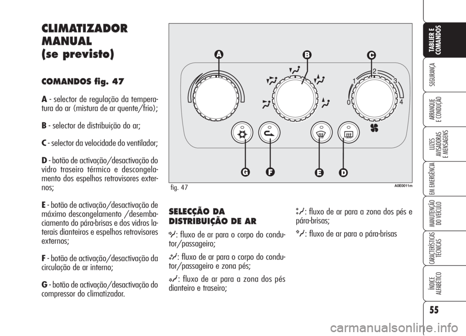 Alfa Romeo 159 2006 Manual de Uso e Manutenção (in Portuguese) 55
SEGURANÇA
LUZES
AVISADORAS
E MENSAGENS
EM EMERGÊNCIA
MANUTENÇÃO
DO VEÍCULO
CARACTERÍSTICASTÉCNICAS
ÍNDICE
ALFABÉTICO
TABLIER E
COMANDOS
ARRANQUE
E CONDUÇÃO
SELECÇÃO DA
DISTRIBUI Alfa Romeo 159 2006 Manual de Uso e Manutenção (in Portuguese) 55
SEGURANÇA
LUZES
AVISADORAS
E MENSAGENS
EM EMERGÊNCIA
MANUTENÇÃO
DO VEÍCULO
CARACTERÍSTICASTÉCNICAS
ÍNDICE
ALFABÉTICO
TABLIER E
COMANDOS
ARRANQUE
E CONDUÇÃO
SELECÇÃO DA
DISTRIBUI