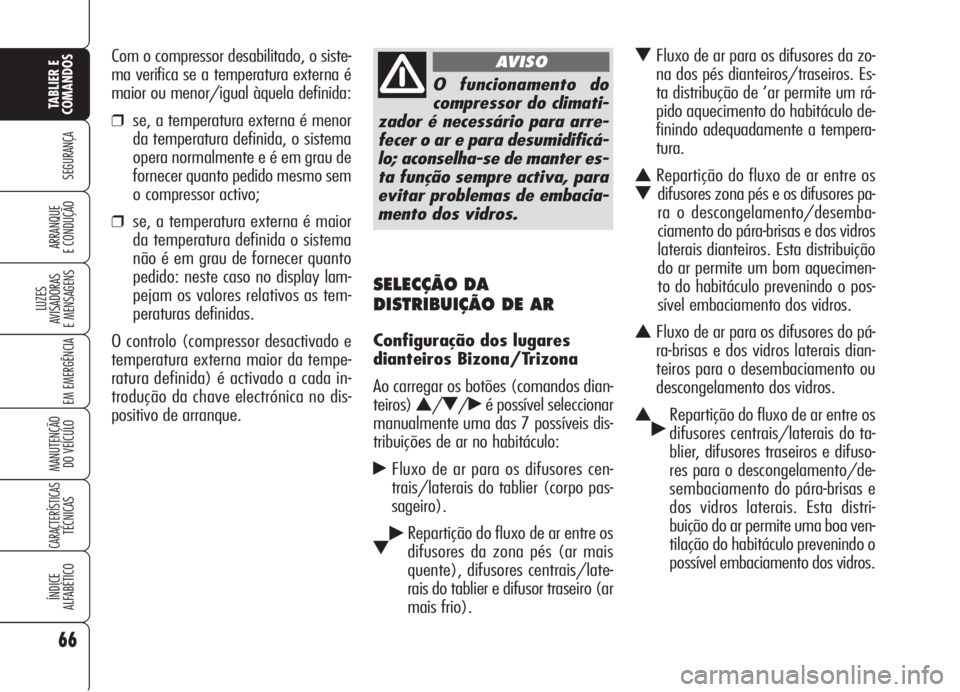 Alfa Romeo 159 2006 Manual de Uso e Manutenção (in Portuguese) 66
SEGURANÇA
LUZES
AVISADORAS
E MENSAGENS
EM EMERGÊNCIA
MANUTENÇÃO
DO VEÍCULO
CARACTERÍSTICASTÉCNICAS
ÍNDICE
ALFABÉTICO
TABLIER E
COMANDOS
ARRANQUE
E CONDUÇÃO
SELECÇÃO DA
DISTRIBUI Alfa Romeo 159 2006 Manual de Uso e Manutenção (in Portuguese) 66
SEGURANÇA
LUZES
AVISADORAS
E MENSAGENS
EM EMERGÊNCIA
MANUTENÇÃO
DO VEÍCULO
CARACTERÍSTICASTÉCNICAS
ÍNDICE
ALFABÉTICO
TABLIER E
COMANDOS
ARRANQUE
E CONDUÇÃO
SELECÇÃO DA
DISTRIBUI