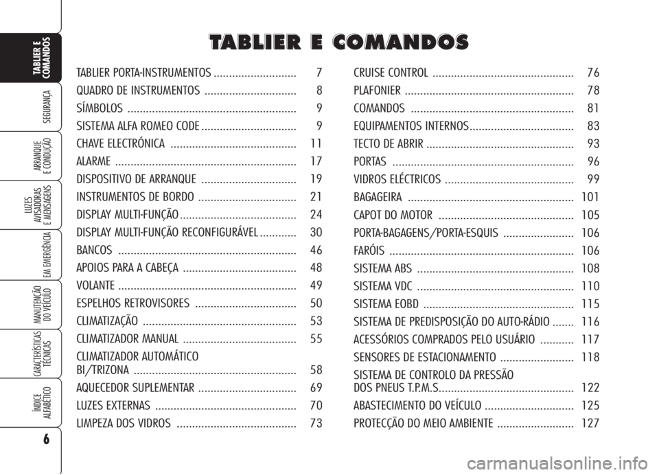 Alfa Romeo 159 2006  Manual de Uso e Manutenção (in Portuguese) 6
SEGURANÇA
LUZES
AVISADORAS 
E MENSAGENS 
EM EMERGÊNCIA 
MANUTENÇÃO
DO VEÍCULO 
CARACTERÍSTICASTÉCNICAS
ÍNDICE
ALFABÉTICO
TABLIER E 
COMANDOS
ARRANQUE
E CONDUÇÃO 
T T
A A
B B
L L
I I
E E
R