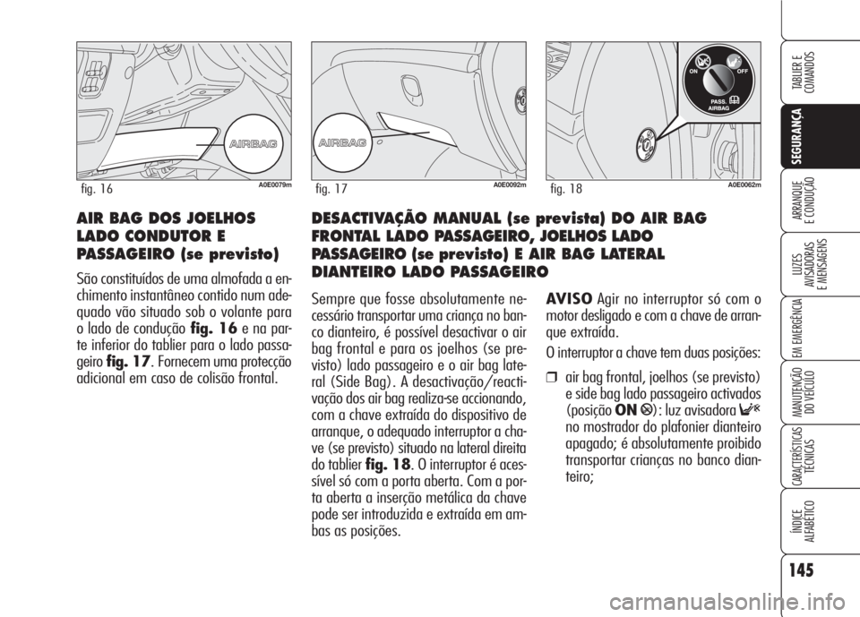 Alfa Romeo 159 2007  Manual de Uso e Manutenção (in Portuguese) 145
SEGURANÇA
LUZES
AVISADORAS 
E MENSAGENS 
EM EMERGÊNCIA 
MANUTENÇÃO
DO VEÍCULO 
CARACTERÍSTICASTÉCNICAS
ÍNDICE
ALFABÉTICO
TABLIER E 
COMANDOS
ARRANQUE
E CONDUÇÃO DESACTIVAÇÃO MANUAL (s