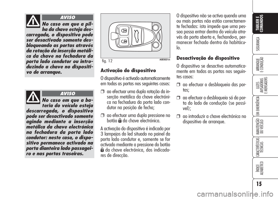Alfa Romeo 159 2007  Manual de Uso e Manutenção (in Portuguese) 15
SEGURANÇA
LUZES
AVISADORAS 
E MENSAGENS 
EM EMERGÊNCIA 
MANUTENÇÃO
DO VEÍCULO 
CARACTERÍSTICASTÉCNICAS
ÍNDICE
ALFABÉTICO
TABLIER E 
COMANDOS
ARRANQUE
E CONDUÇÃO 
No caso em que a pil-
ha
