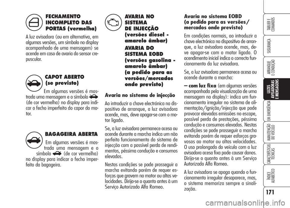 Alfa Romeo 159 2007  Manual de Uso e Manutenção (in Portuguese) BAGAGEIRA ABERTA
Em algumas versões é mos-
trada uma mensagem e o
símbolo
R(de cor vermelha)
no display para indicar o fecho imper-
feito da bagageira.
CAPOT ABERTO 
(se previsto)
Em algumas versõ