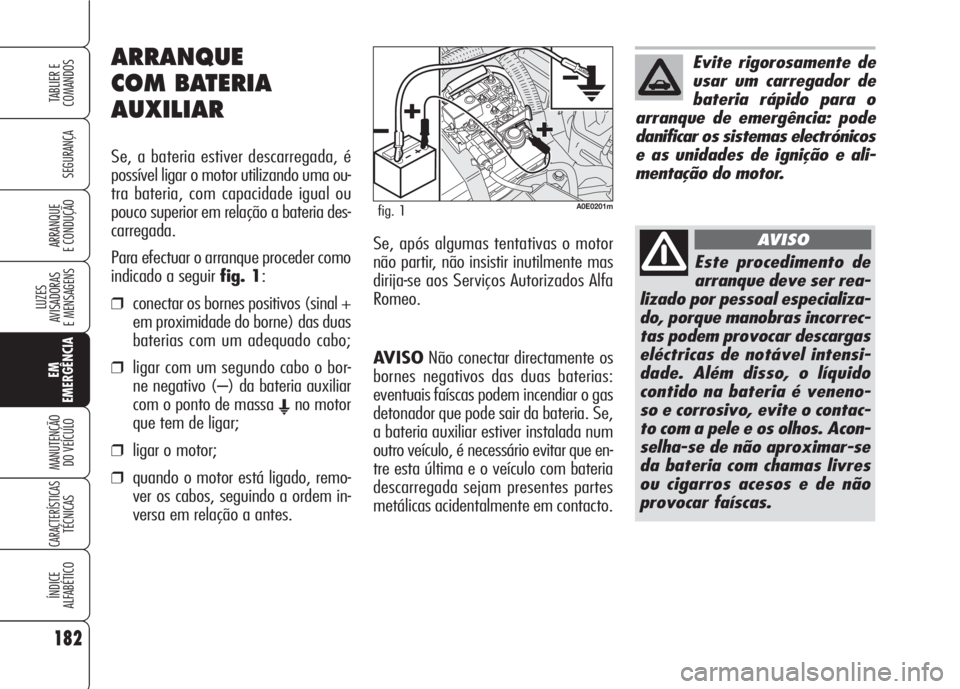 Alfa Romeo 159 2007  Manual de Uso e Manutenção (in Portuguese) 182
SEGURANÇA
LUZES
AVISADORAS 
E MENSAGENS 
EM
EMERGÊNCIA
MANUTENÇÃO
DO VEÍCULO 
CARACTERÍSTICASTÉCNICAS
ÍNDICE
ALFABÉTICO
TABLIER E 
COMANDOS
ARRANQUE
E CONDUÇÃO 
AVISONão conectar direc