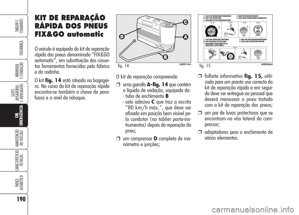 Alfa Romeo 159 2007  Manual de Uso e Manutenção (in Portuguese) O kit de reparação compreende:
❒uma garrafa A-fig. 14que contém
o líquido de vedação, equipada de:
- tubo de enchimento B
- selo adesivo Cque traz a escrita
“80 km/h máx,”, que deve ser
a