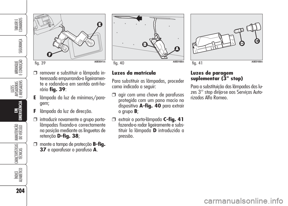 Alfa Romeo 159 2007  Manual de Uso e Manutenção (in Portuguese) Luzes de paragem
suplementar (3° stop)
Para a substituição das lâmpadas das lu-
zes 3° stop dirija-se aos Serviços Auto-
rizados Alfa Romeo. ❒remover e substituir a lâmpada in-
teressada empu