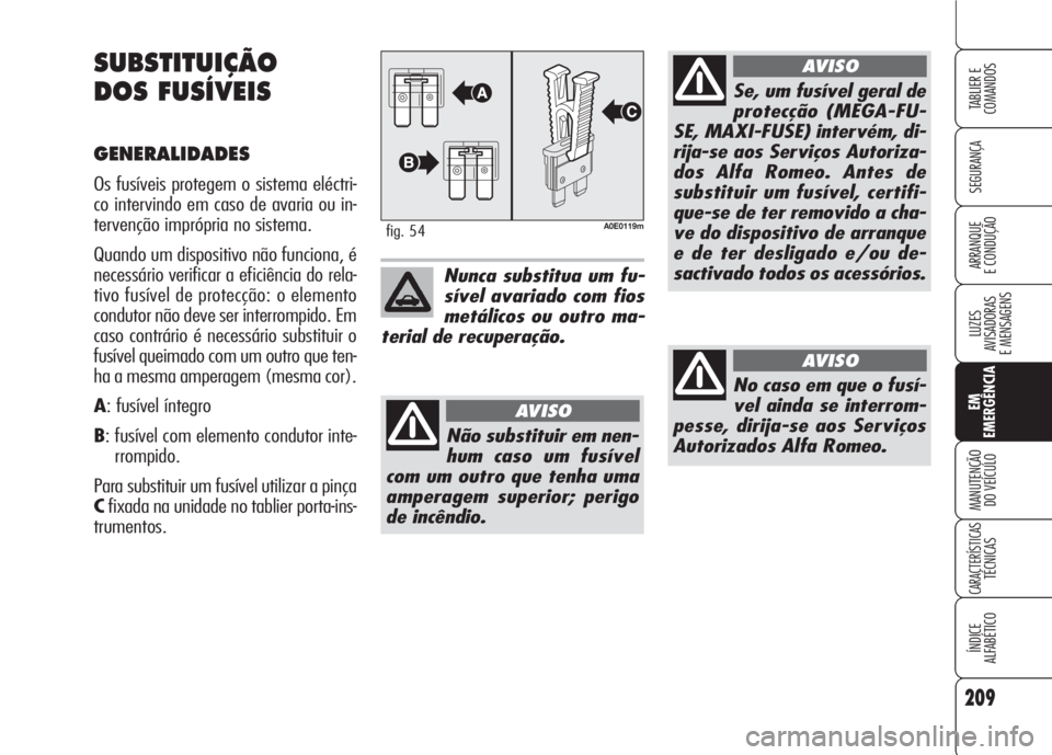 Alfa Romeo 159 2007  Manual de Uso e Manutenção (in Portuguese) 209
SEGURANÇA
LUZES
AVISADORAS 
E MENSAGENS 
EM
EMERGÊNCIA
MANUTENÇÃO
DO VEÍCULO 
CARACTERÍSTICASTÉCNICAS
ÍNDICE
ALFABÉTICO
TABLIER E 
COMANDOS
ARRANQUE
E CONDUÇÃO 
SUBSTITUIÇÃO
DOS FUSÍ