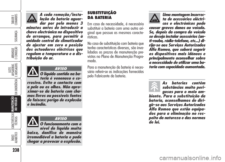 Alfa Romeo 159 2007  Manual de Uso e Manutenção (in Portuguese) 238
SEGURANÇA
LUZES
AVISADORAS 
E MENSAGENS 
EM EMERGÊNCIA 
MANUTENÇÃO
DO VEÍCULO
CARACTERÍSTICASTÉCNICAS
ÍNDICE
ALFABÉTICO
TABLIER E 
COMANDOS
ARRANQUE
E CONDUÇÃO 
SUBSTITUIÇÃO
DA BATERI