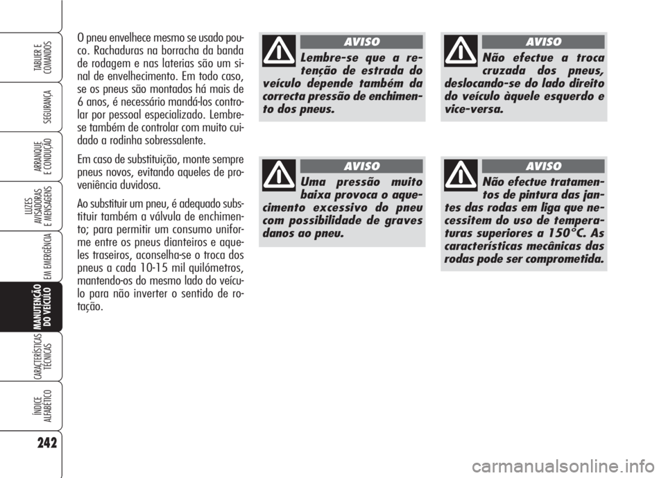 Alfa Romeo 159 2007  Manual de Uso e Manutenção (in Portuguese) 242
SEGURANÇA
LUZES
AVISADORAS 
E MENSAGENS 
EM EMERGÊNCIA 
MANUTENÇÃO
DO VEÍCULO
CARACTERÍSTICASTÉCNICAS
ÍNDICE
ALFABÉTICO
TABLIER E 
COMANDOS
ARRANQUE
E CONDUÇÃO 
Lembre-se que a re-
ten