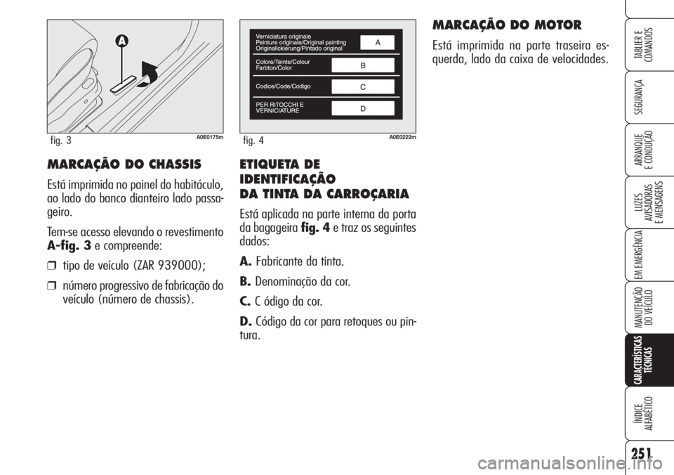 Alfa Romeo 159 2007  Manual de Uso e Manutenção (in Portuguese) ETIQUETA DE
IDENTIFICAÇÃO
DA TINTA DA CARROÇARIA
Está aplicada na parte interna da porta
da bagageira fig. 4e traz os seguintes
dados:
A.Fabricante da tinta.
B.Denominação da cor.
C.C ódigo da 