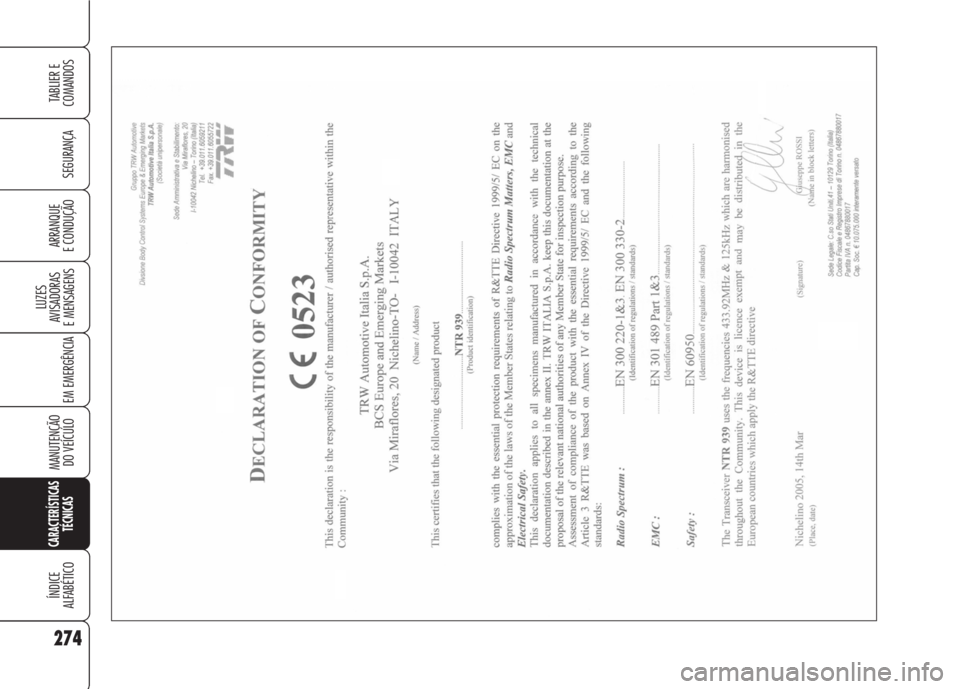 Alfa Romeo 159 2007 Manual de Uso e Manutenção (in Portuguese) 274
SEGURANÇA
LUZES
AVISADORAS
E MENSAGENS
EM EMERGÊNCIA
MANUTENÇÃO
DO VEÍCULO
CARACTERÍSTICAS
TÉCNICAS
ÍNDICE
ALFABÉTICO
TABLIER E
COMANDOS
ARRANQUE
E CONDUÇÃO Alfa Romeo 159 2007 Manual de Uso e Manutenção (in Portuguese) 274
SEGURANÇA
LUZES
AVISADORAS
E MENSAGENS
EM EMERGÊNCIA
MANUTENÇÃO
DO VEÍCULO
CARACTERÍSTICAS
TÉCNICAS
ÍNDICE
ALFABÉTICO
TABLIER E
COMANDOS
ARRANQUE
E CONDUÇÃO