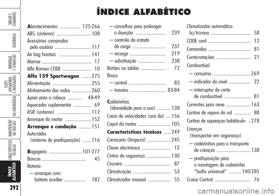 Alfa Romeo 159 2007  Manual de Uso e Manutenção (in Portuguese) 292
SEGURANÇA
LUZES
AVISADORAS 
E MENSAGENS 
EM EMERGÊNCIA 
MANUTENÇÃO
DO VEÍCULO 
CARACTERÍSTICASTÉCNICAS
ÍNDICE
ALFABÉTICO
TABLIER E 
COMANDOS
ARRANQUE
E CONDUÇÃO 
– conselhos para prol