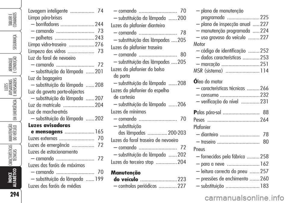 Alfa Romeo 159 2007  Manual de Uso e Manutenção (in Portuguese) 294
SEGURANÇA
LUZES
AVISADORAS 
E MENSAGENS 
EM EMERGÊNCIA 
MANUTENÇÃO
DO VEÍCULO 
CARACTERÍSTICASTÉCNICAS
ÍNDICE
ALFABÉTICO
TABLIER E 
COMANDOS
ARRANQUE
E CONDUÇÃO 
– comando  ..........