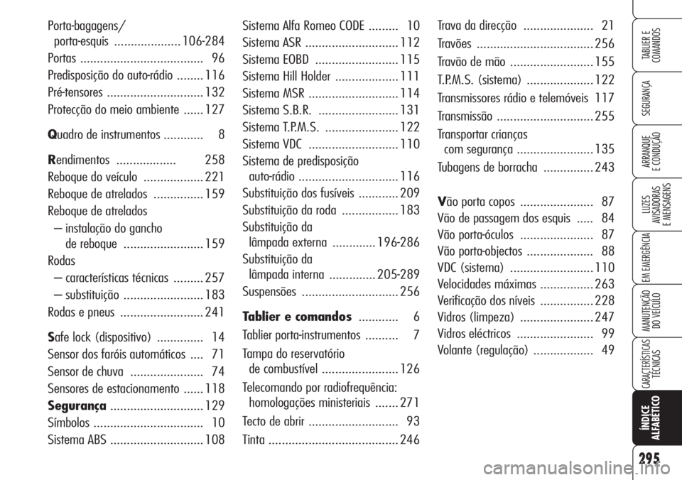 Alfa Romeo 159 2007  Manual de Uso e Manutenção (in Portuguese) 295
SEGURANÇA
LUZES
AVISADORAS 
E MENSAGENS 
EM EMERGÊNCIA 
MANUTENÇÃO
DO VEÍCULO 
CARACTERÍSTICASTÉCNICAS
ÍNDICE
ALFABÉTICO
TABLIER E 
COMANDOS
ARRANQUE
E CONDUÇÃO 
Sistema Alfa Romeo CODE
