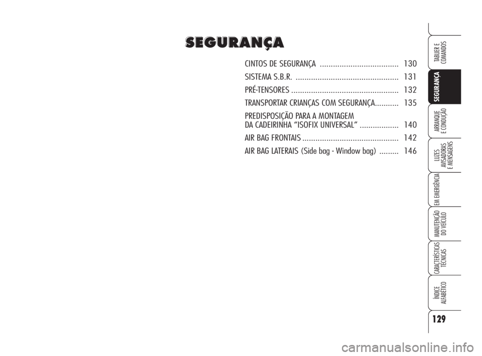 Alfa Romeo 159 2008  Manual de Uso e Manutenção (in Portuguese) 129
SEGURANÇA
LUZES
AVISADORAS 
E MENSAGENS 
EM EMERGÊNCIA 
MANUTENÇÃO
DO VEÍCULO 
CARACTERÍSTICASTÉCNICAS
ÍNDICE
ALFABÉTICO
TABLIER E 
COMANDOS
ARRANQUE
E CONDUÇÃO 
S S
E E
G G
U U
R R
A A