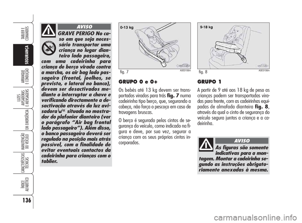 Alfa Romeo 159 2008  Manual de Uso e Manutenção (in Portuguese) 136
SEGURANÇA
LUZES
AVISADORAS 
E MENSAGENS 
EM EMERGÊNCIA 
MANUTENÇÃO
DO VEÍCULO 
CARACTERÍSTICASTÉCNICAS
ÍNDICE
ALFABÉTICO
TABLIER E 
COMANDOS
ARRANQUE
E CONDUÇÃO GRUPO 0 e 0+
Os bebés a