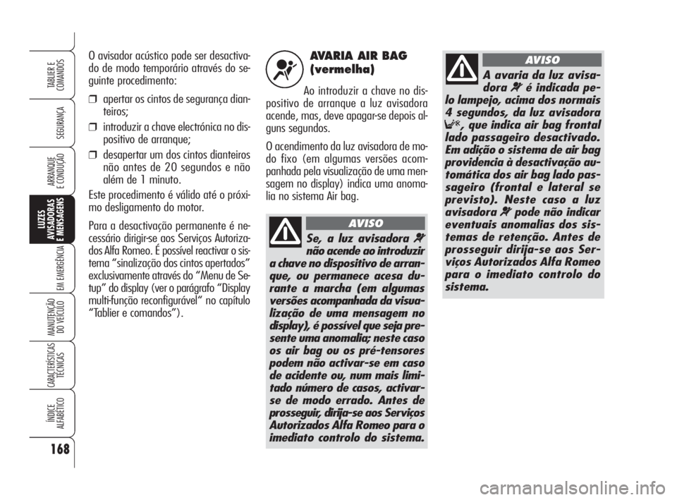 Alfa Romeo 159 2008  Manual de Uso e Manutenção (in Portuguese) AVARIA AIR BAG
(vermelha)
Ao introduzir a chave no dis-
positivo de arranque a luz avisadora
acende, mas, deve apagar-se depois al-
guns segundos. 
O acendimento da luz avisadora de mo-
do fixo (em al