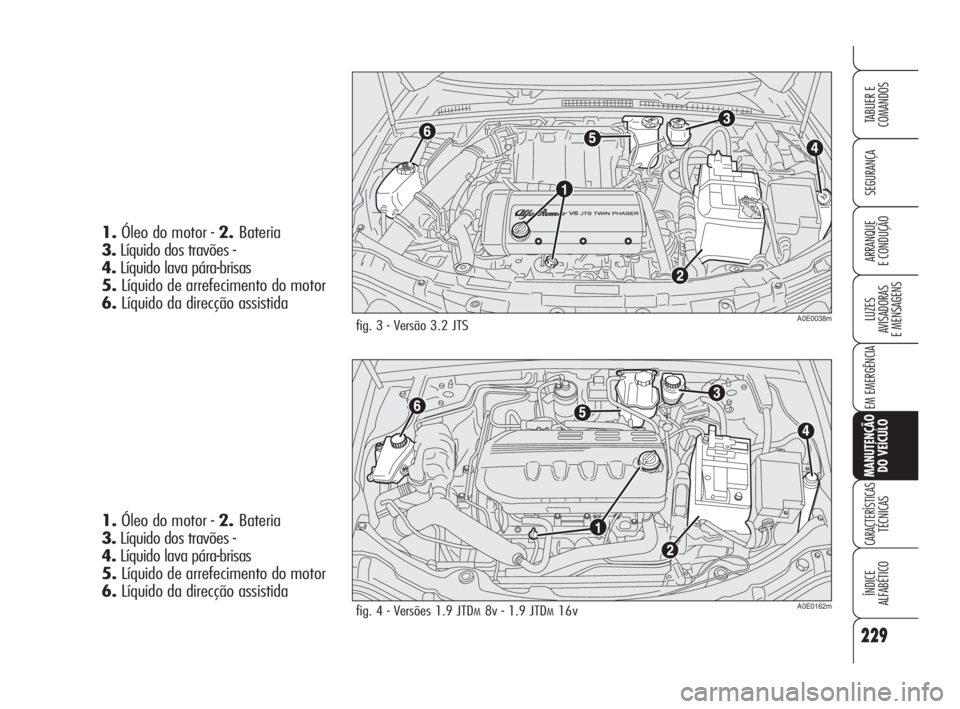 Alfa Romeo 159 2008  Manual de Uso e Manutenção (in Portuguese) 229
SEGURANÇA
LUZES
AVISADORAS 
E MENSAGENS 
EM EMERGÊNCIA 
MANUTENÇÃO
DO VEÍCULO
CARACTERÍSTICASTÉCNICAS
ÍNDICE
ALFABÉTICO
TABLIER E 
COMANDOS
ARRANQUE
E CONDUÇÃO 
fig. 3 - Versão 3.2 JTS