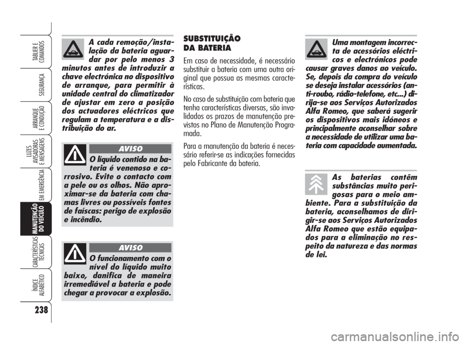 Alfa Romeo 159 2008  Manual de Uso e Manutenção (in Portuguese) 238
SEGURANÇA
LUZES
AVISADORAS 
E MENSAGENS 
EM EMERGÊNCIA 
MANUTENÇÃO
DO VEÍCULO
CARACTERÍSTICASTÉCNICAS
ÍNDICE
ALFABÉTICO
TABLIER E 
COMANDOS
ARRANQUE
E CONDUÇÃO 
SUBSTITUIÇÃO
DA BATERI