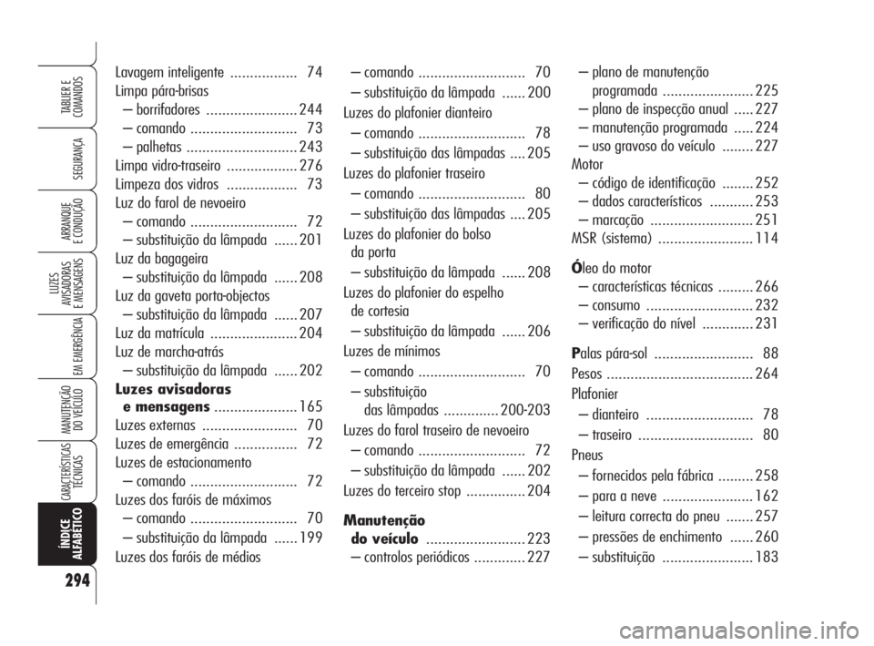 Alfa Romeo 159 2008  Manual de Uso e Manutenção (in Portuguese) 294
SEGURANÇA
LUZES
AVISADORAS 
E MENSAGENS 
EM EMERGÊNCIA 
MANUTENÇÃO
DO VEÍCULO 
CARACTERÍSTICASTÉCNICAS
ÍNDICE
ALFABÉTICO
TABLIER E 
COMANDOS
ARRANQUE
E CONDUÇÃO 
– comando ...........