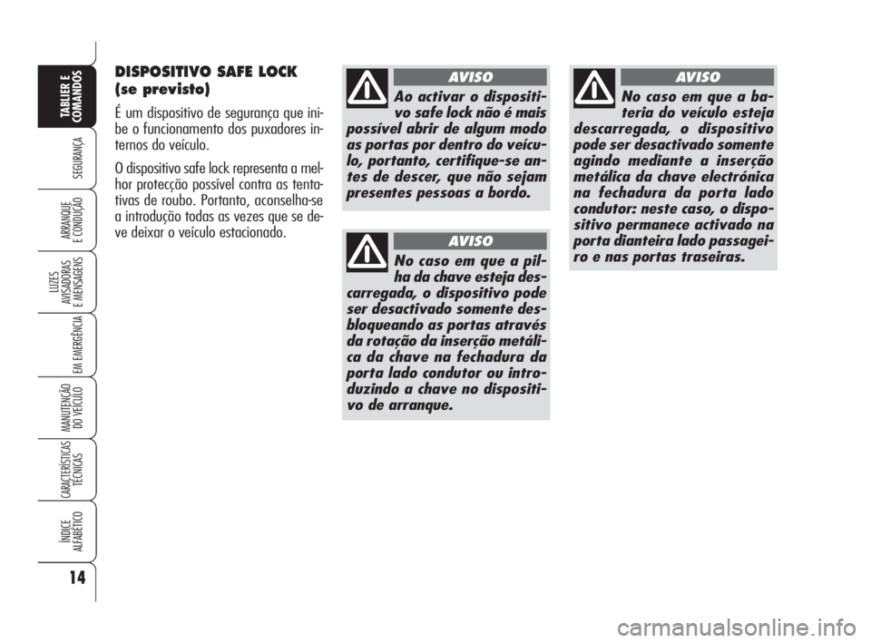 Alfa Romeo 159 2009 Manual de Uso e Manutenção (in Portuguese) 14
SEGURANÇA
LUZES
AVISADORAS
E MENSAGENS
EM EMERGÊNCIA
MANUTENÇÃO
DO VEÍCULO
CARACTERÍSTICASTÉCNICAS
ÍNDICE
ALFABÉTICO
TABLIER E
COMANDOS
ARRANQUE
E CONDUÇÃO
DISPOSITIVO SAFE LOCK
(s Alfa Romeo 159 2009 Manual de Uso e Manutenção (in Portuguese) 14
SEGURANÇA
LUZES
AVISADORAS
E MENSAGENS
EM EMERGÊNCIA
MANUTENÇÃO
DO VEÍCULO
CARACTERÍSTICASTÉCNICAS
ÍNDICE
ALFABÉTICO
TABLIER E
COMANDOS
ARRANQUE
E CONDUÇÃO
DISPOSITIVO SAFE LOCK
(s