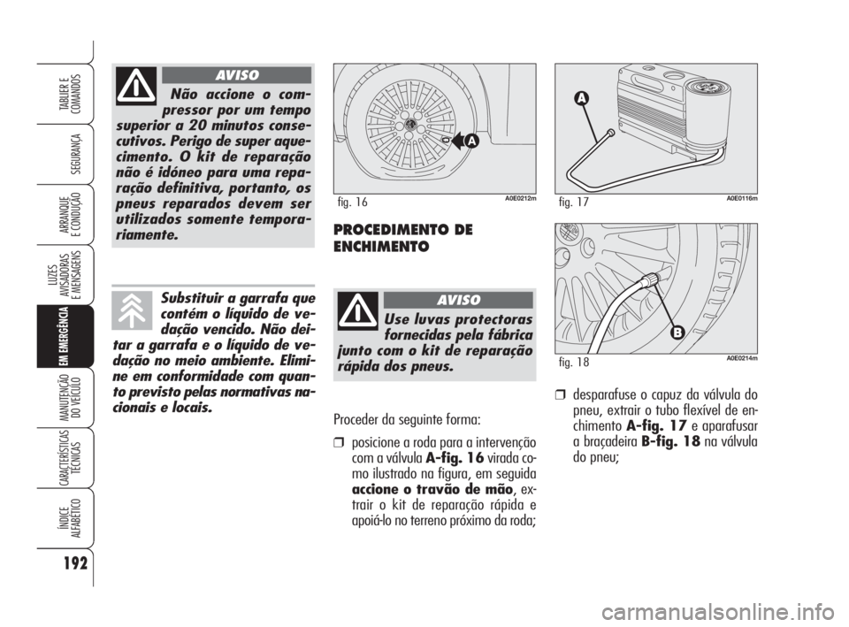 Alfa Romeo 159 2009 Manual de Uso e Manutenção (in Portuguese) Proceder da seguinte forma:
❒posicione a roda para a intervenção
com a válvula A-fig. 16virada co-
mo ilustrado na figura, em seguida
accione o travão de mão, ex-
trair o kit de reparação rá Alfa Romeo 159 2009 Manual de Uso e Manutenção (in Portuguese) Proceder da seguinte forma:
❒posicione a roda para a intervenção
com a válvula A-fig. 16virada co-
mo ilustrado na figura, em seguida
accione o travão de mão, ex-
trair o kit de reparação rá