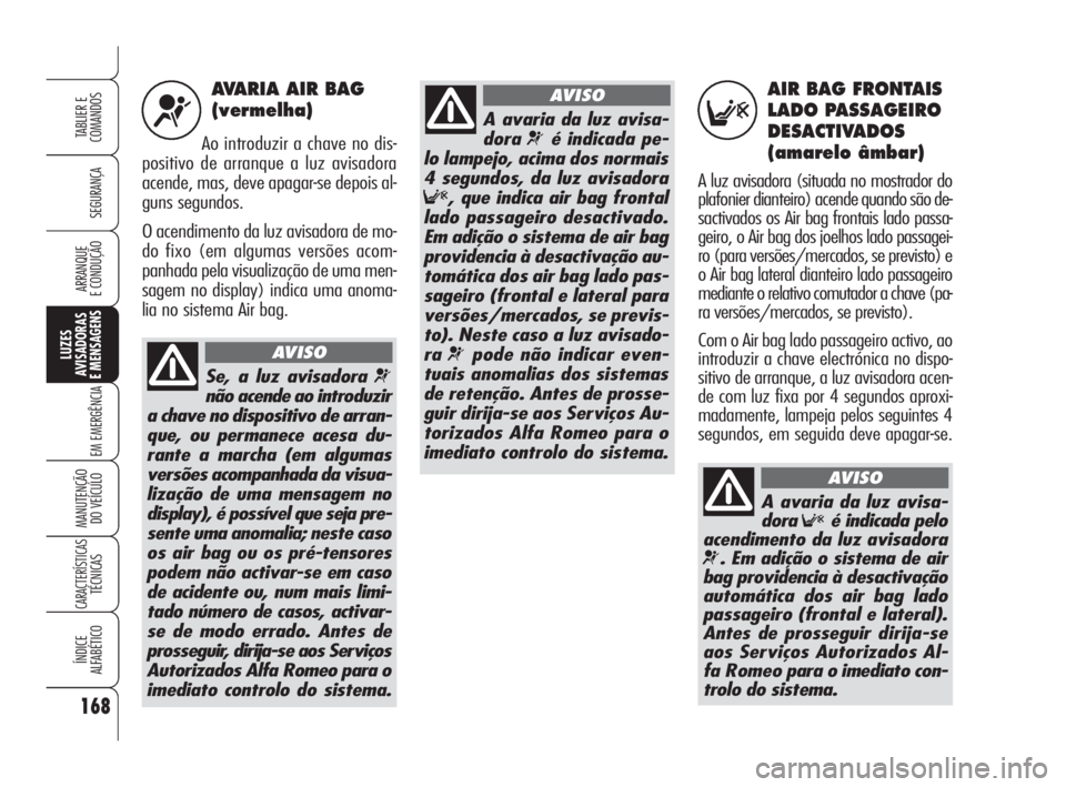 Alfa Romeo 159 2011  Manual de Uso e Manutenção (in Portuguese) AVARIA AIR BAG
(vermelha)
Ao introduzir a chave no dis-
positivo de arranque a luz avisadora
acende, mas, deve apagar-se depois al-
guns segundos. 
O acendimento da luz avisadora de mo-
do fixo (em al